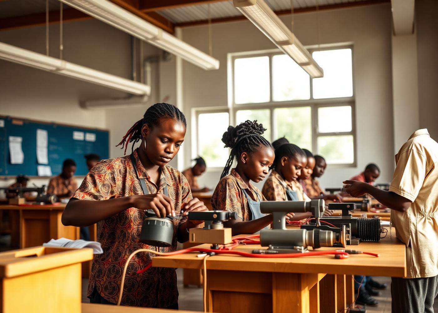 Students learning practical technical skills in a modern vocational classroom