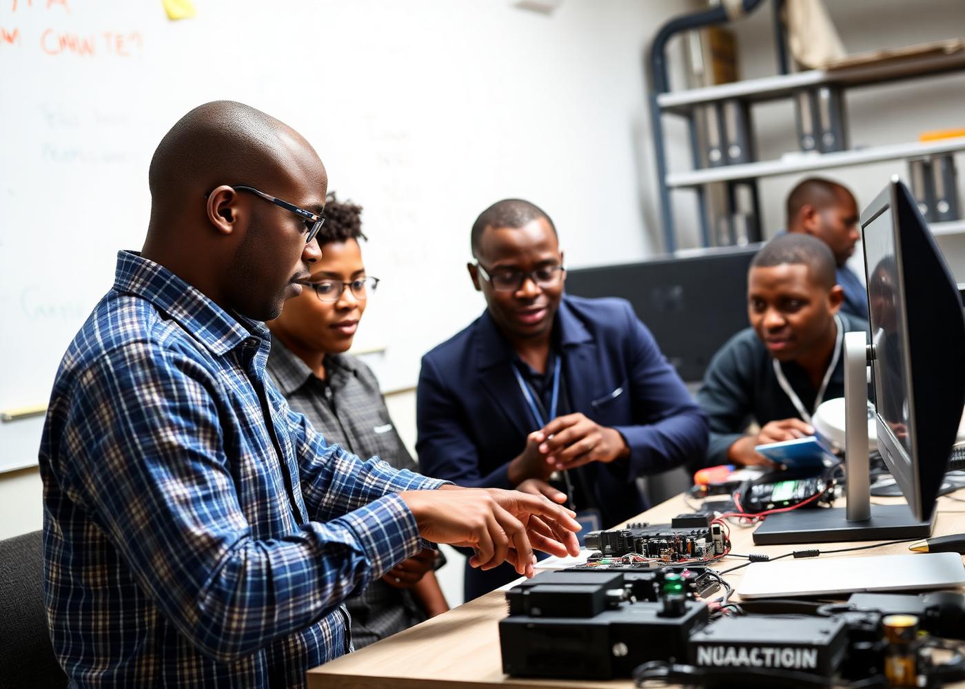 Instructor guiding students during a hands-on technical training session